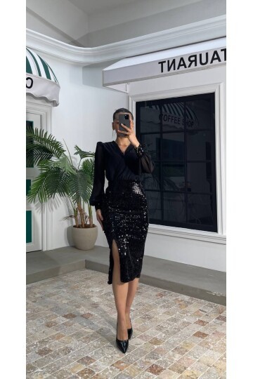 3594-SİYAH ÜSTÜ ŞİFON ETEĞİ PULPAYET ELBİSE