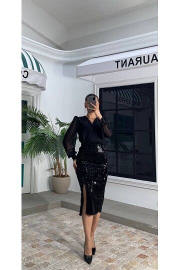 3594-SİYAH ÜSTÜ ŞİFON ETEĞİ PULPAYET ELBİSE