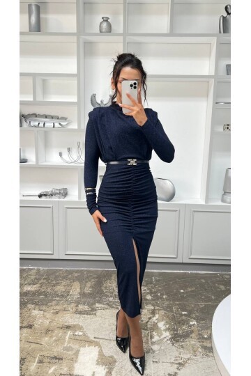 3625-LACİVERT  BALIKÇI YAKA DRAPELİ SİMLİ ELBİSE