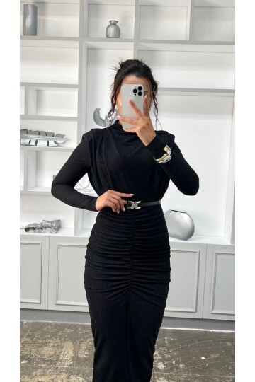 3625-SİYAH  BALIKÇI YAKA DRAPELİ SİMLİ ELBİSE