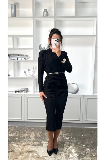 3625-SİYAH  BALIKÇI YAKA DRAPELİ SİMLİ ELBİSE