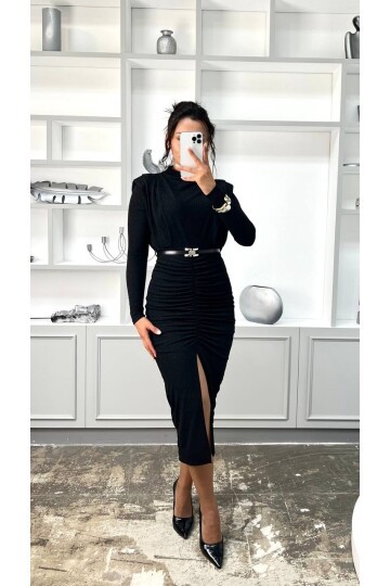 3625-SİYAH  BALIKÇI YAKA DRAPELİ SİMLİ ELBİSE