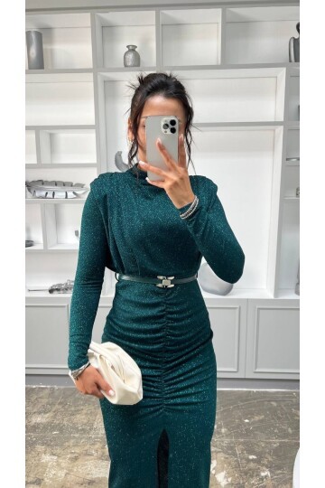 3625-ZÜMRÜT BALIKÇI YAKA DRAPELİ SİMLİ ELBİSE