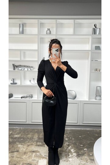 3633-SİYAH SİMLİ BÜZGÜ DETAYLI ELBİSE