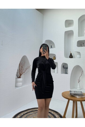 3648-SİYAH KADİFE ÖNDEN BAĞLAMALI KISA ELBİSE