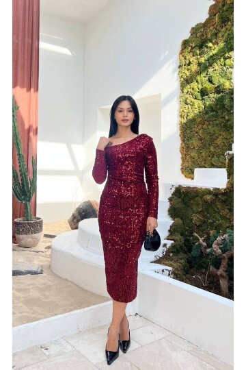 3650-BORDO TEK OMUZ MİDİ BOY PULPAYET ELBİSE