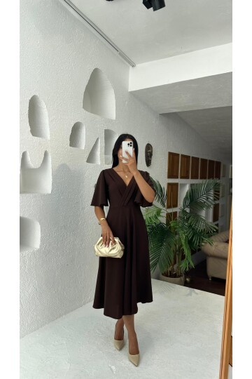 3707-KAHVERENGİ KRUVAZE YAKA KİLOŞ ELBİSE