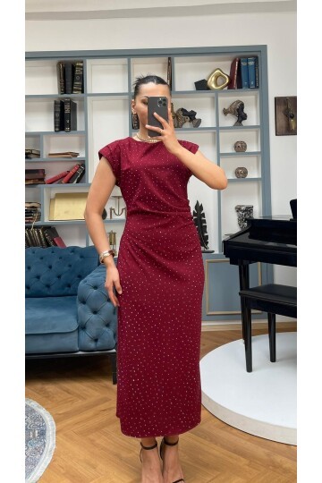 3708-BORDO TAŞLI DRAPELİ ELBİSE
