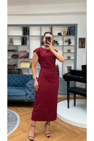 3708-BORDO TAŞLI DRAPELİ ELBİSE