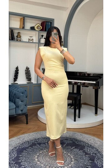 3708-SARI TAŞLI DRAPELİ ELBİSE