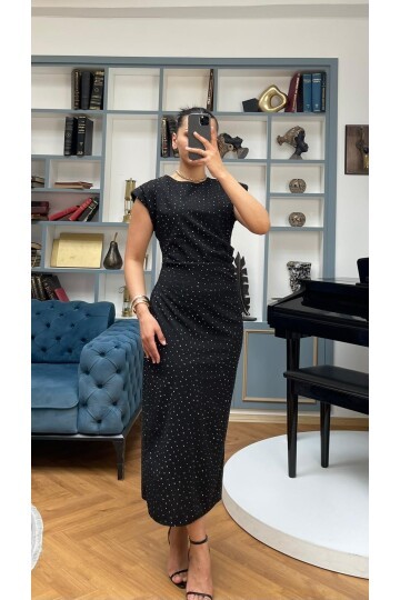 3708-SİYAH TAŞLI DRAPELİ ELBİSE