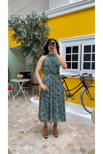 3727-PEMBE ÇİÇEKLİ SIFIR KOL ELBİSE