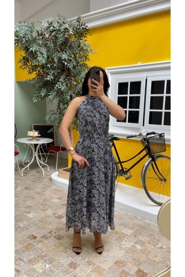 3727-SİYAH ÇİÇEKLİ SIFIR KOL ELBİSE