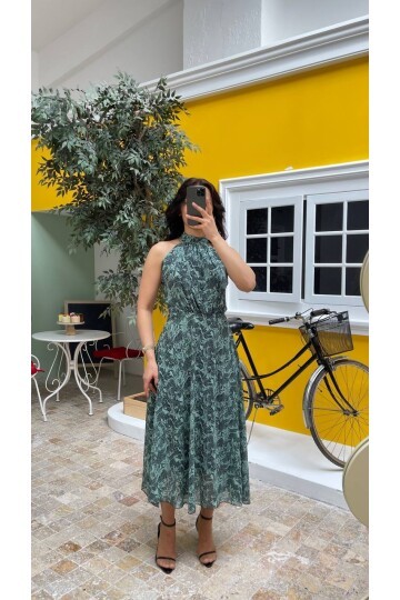 3727-YEŞİL ÇİÇEKLİ SIFIR KOL ELBİSE