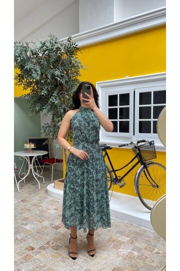 3727-YEŞİL ÇİÇEKLİ SIFIR KOL ELBİSE