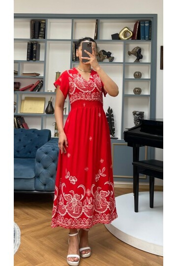 3728-KIRMIZI ALTI SULU GİPELİ ELBİSE