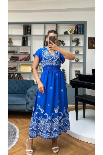 3728-MAVİ ALTI SULU GİPELİ ELBİSE