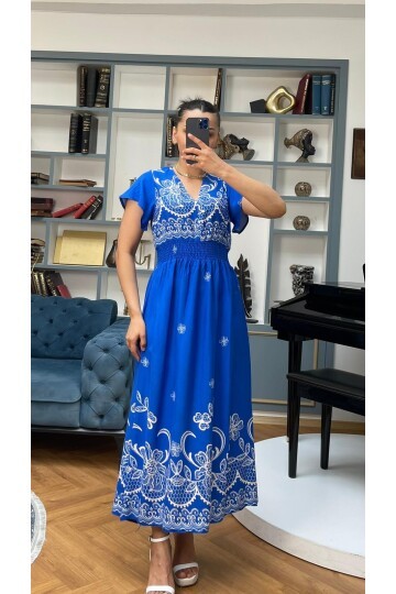 3728-MAVİ ALTI SULU GİPELİ ELBİSE