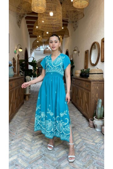 3728 YEŞİL ALTI SULU GİPELİ ELBİSE