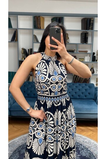 3731-LACİVERT ÇEMBER VE ÇİÇEK DESEN ELBİSE