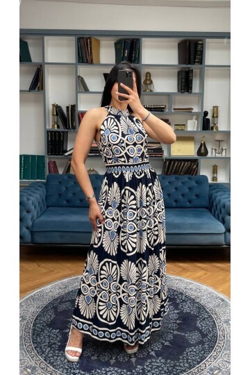 3731-LACİVERT ÇEMBER VE ÇİÇEK DESEN ELBİSE