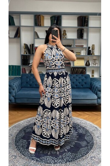 3731-LACİVERT ÇEMBER VE ÇİÇEK DESEN ELBİSE