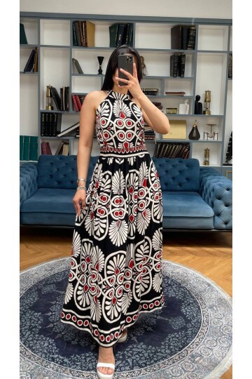 3731-SİYAH ÇEMBER VE ÇİÇEK DESEN ELBİSE