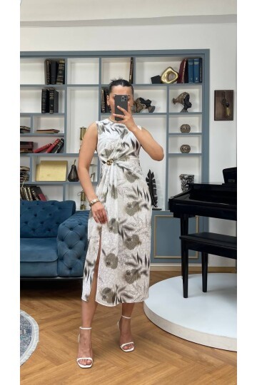 3736-OLİV ÇİÇEK DESEN BROŞLU ELBİSE