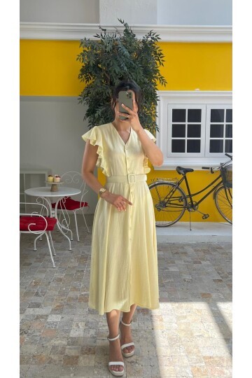 3739-SARI FIRFIRLI KEMERLİ ELBİSE
