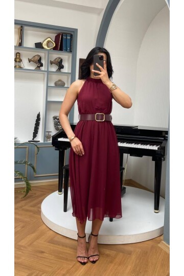 3734-BORDO SIFIR KOL KEMERLİ ELBİSE