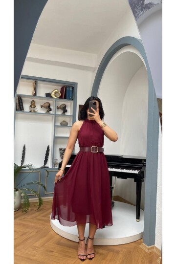 3734-BORDO SIFIR KOL KEMERLİ ELBİSE