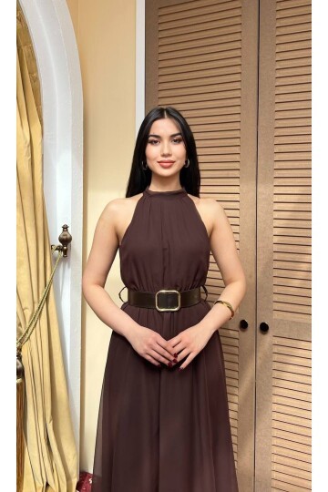 3734-KAHVE SIFIR KOL KEMERLİ ELBİSE