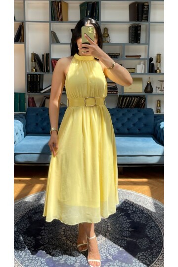 3734-SARI SIFIR KOL KEMERLİ ELBİSE