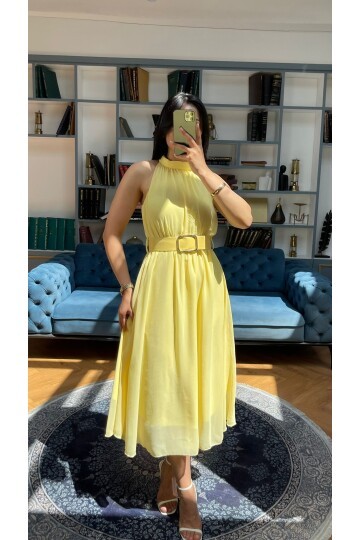 3734-SARI SIFIR KOL KEMERLİ ELBİSE