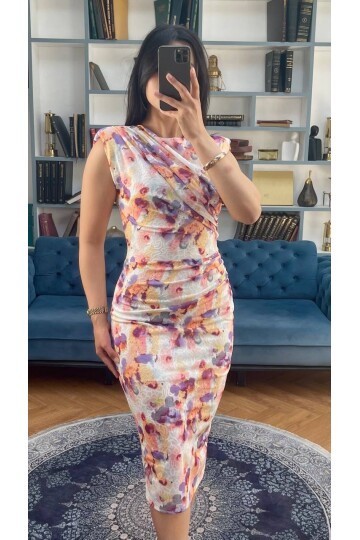 3738-ÇİÇEK DESEN DRAPELİ ELBİSE