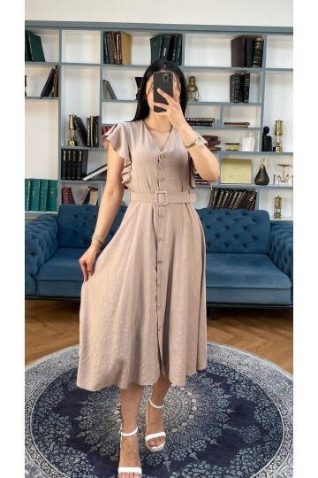 3739-BEJ FIRFIRLI KEMERLİ ELBİSE