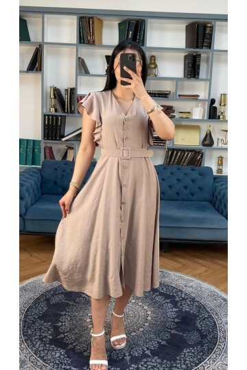 3739-BEJ FIRFIRLI KEMERLİ ELBİSE