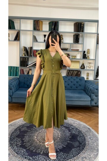 3739-HAKİ FIRFIRLI KEMERLİ ELBİSE