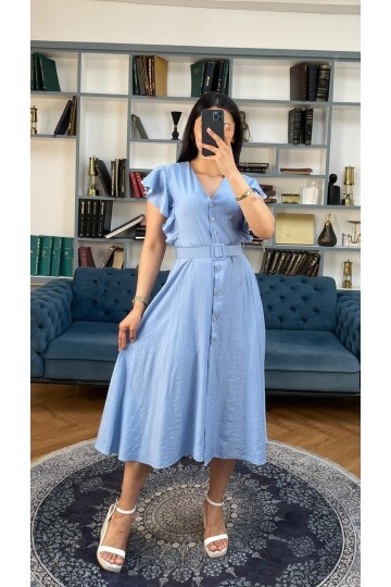 3739-MAVİ FIRFIRLI KEMERLİ ELBİSE
