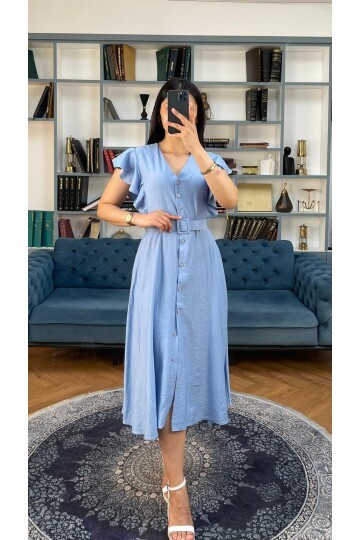 3739-MAVİ FIRFIRLI KEMERLİ ELBİSE