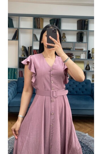 3739-PUDRA FIRFIRLI KEMERLİ ELBİSE