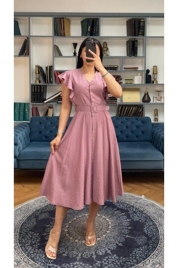 3739-PUDRA FIRFIRLI KEMERLİ ELBİSE