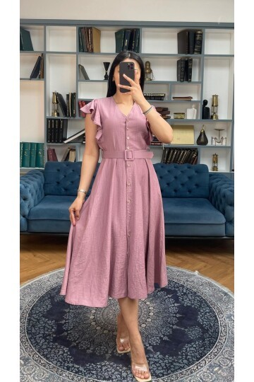 3739-PUDRA FIRFIRLI KEMERLİ ELBİSE