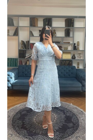 3740-MAVİ FİSTO ÇİÇEK DESEN ELBİSE