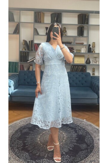 3740-MAVİ FİSTO ÇİÇEK DESEN ELBİSE