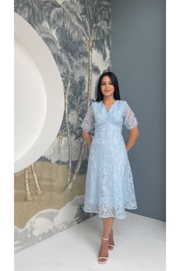 3740-MAVİ FİSTO ÇİÇEK DESEN ELBİSE