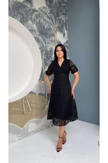 3740-SİYAH FİSTO ÇİÇEK DESEN ELBİSE