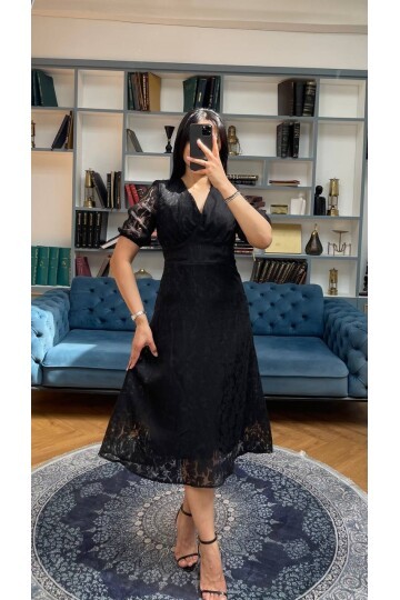 3740-SİYAH FİSTO ÇİÇEK DESEN ELBİSE