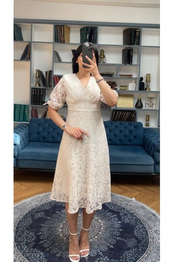 3740-TAŞ FİSTO ÇİÇEK DESEN ELBİSE