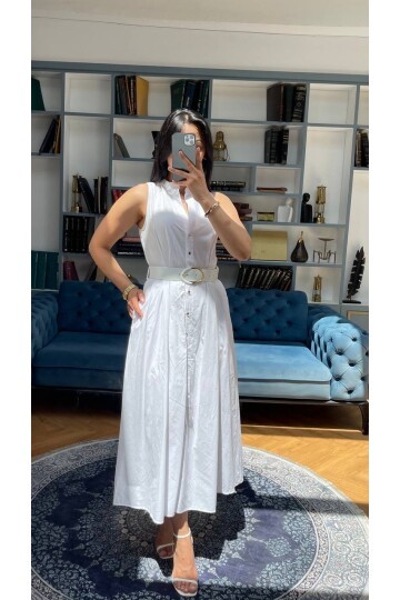 3747-BEYAZ KEMERLİ SIFIR KOL ELBİSE